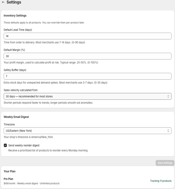 Settings page with lead time, margin, safety buffer, and email digest